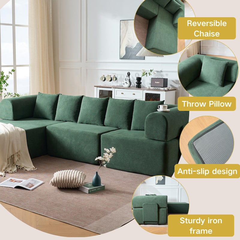 Modular Sectional Sofa with L-Shape Chaise Lounge, Velvet Boneless Cloud Couch, Compressed Sofa with 5 Pillows - Green