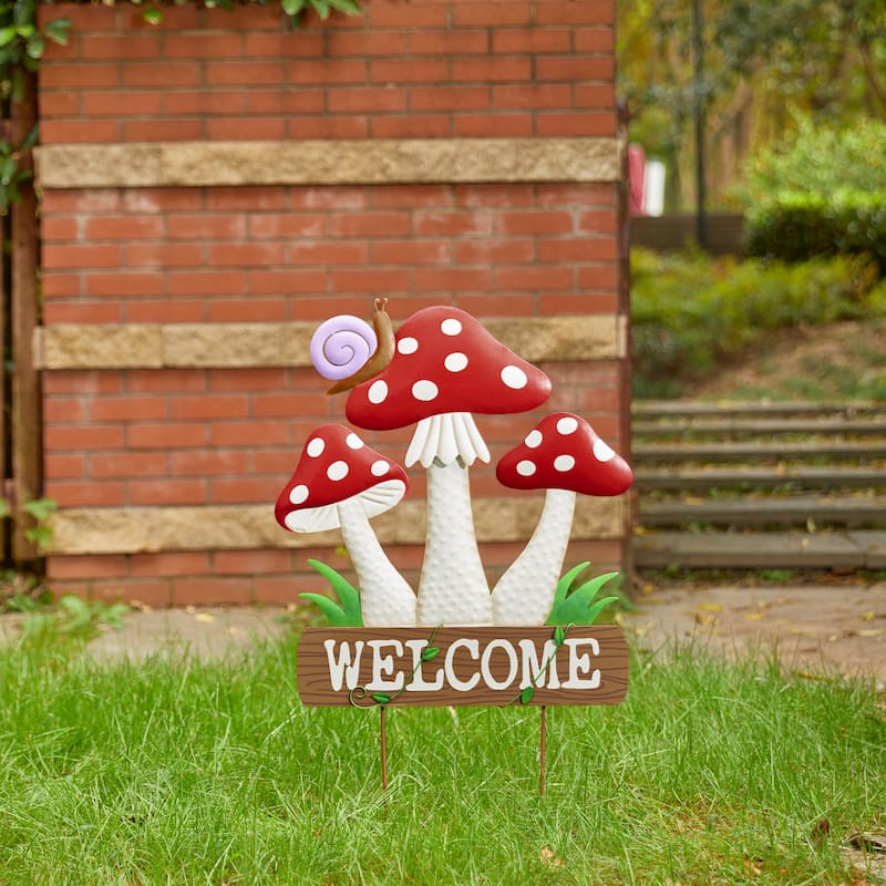 Glitzhome Metal/Wood Frog Stacked Mushroom Welcome Sign Yard Stakes Garden Wall Decor