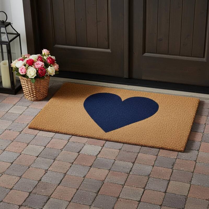 HomeRoots 36" X 72" Dark Blue And Brown Valentine's Day Heart Welcome Outdoor Coir Door Mat - 36.00' X '72.00 - 36.00' X '72.00