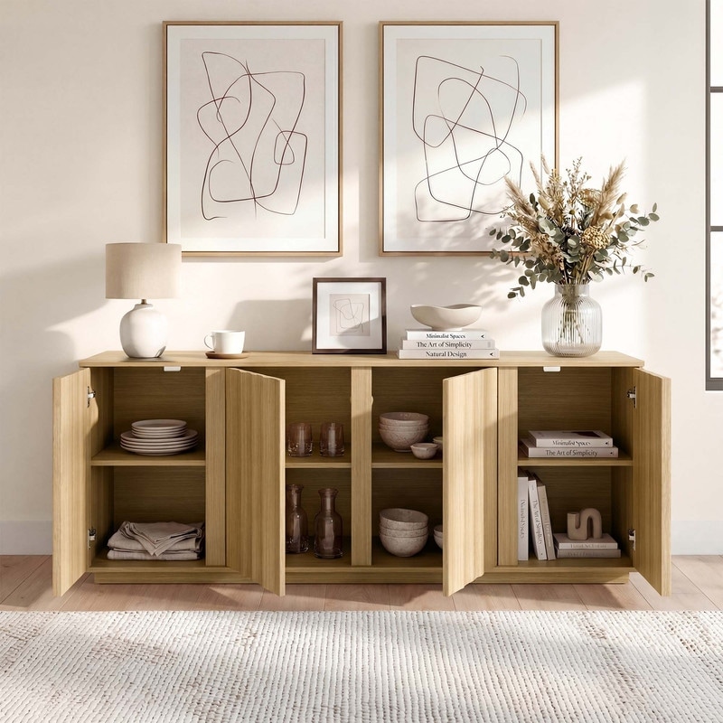 Spruce & Spring 63-Inch Fluted Wood Sideboard Buffet Cabinet