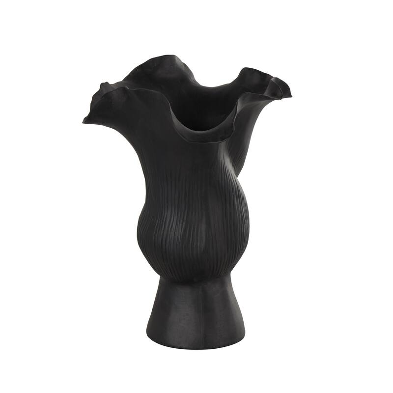 Ceramic Abstract Floral Inspired Vase with Wavy Folded Rim and Linear Grooves - White or Black - Roche River Decor