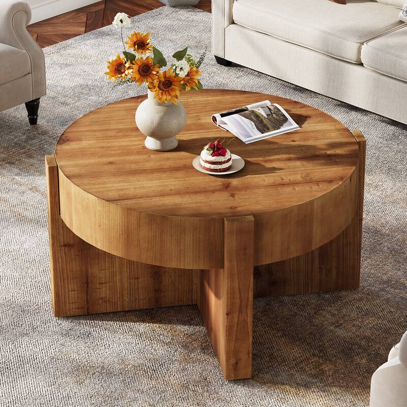 31.5 Inch Round Coffee Table for Living Room, All Solid Wood Construction - 31.5" D x 31.5" W x 18.5" H