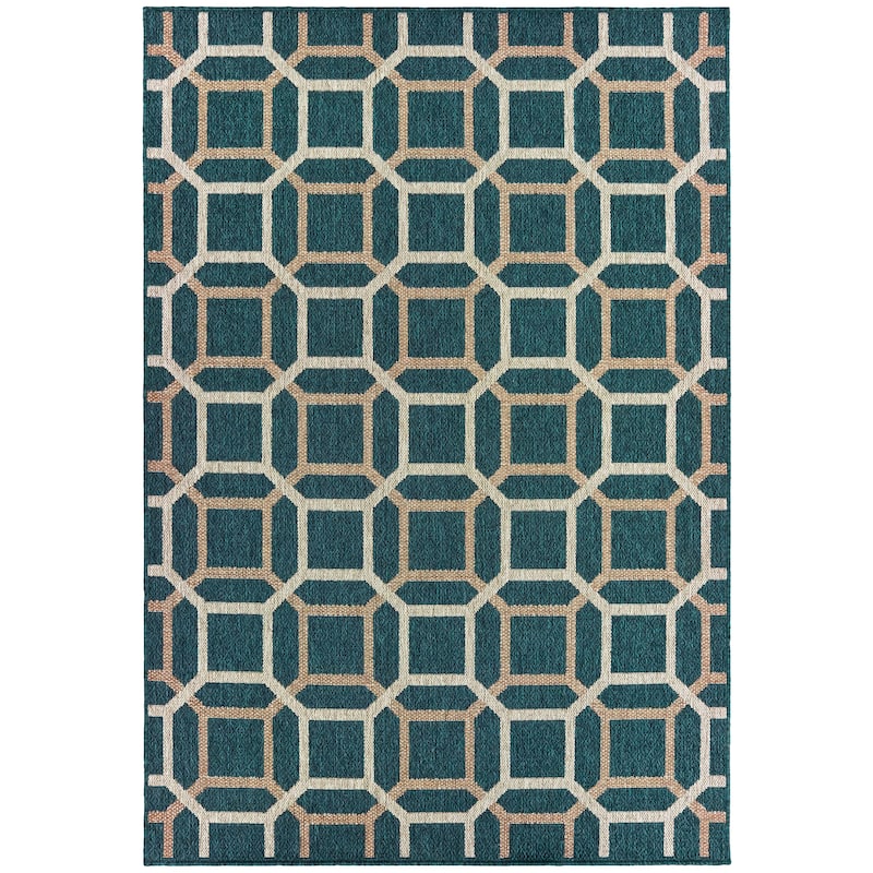 Vista Home Higgins Geometric Tile Blue-Green/Oatmeal Indoor-Outdoor Rug - 9'10" x 12'10" - Blue/Oatmeal
