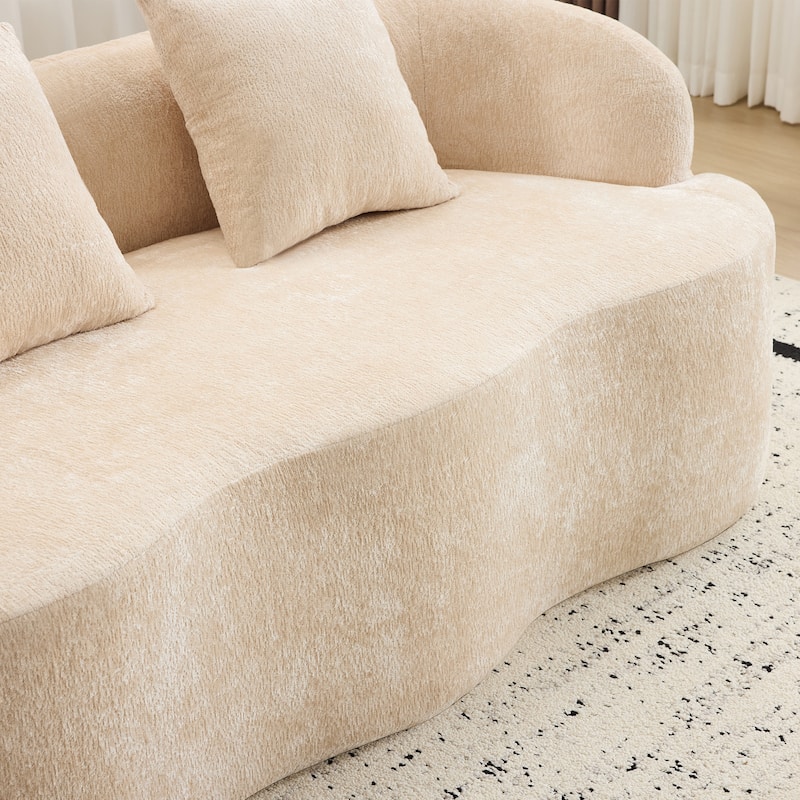 Beige Curved Loveseat Sofa With Round Armrest, Compression Couch With 2 Pillows, Cream Couch For Small Space