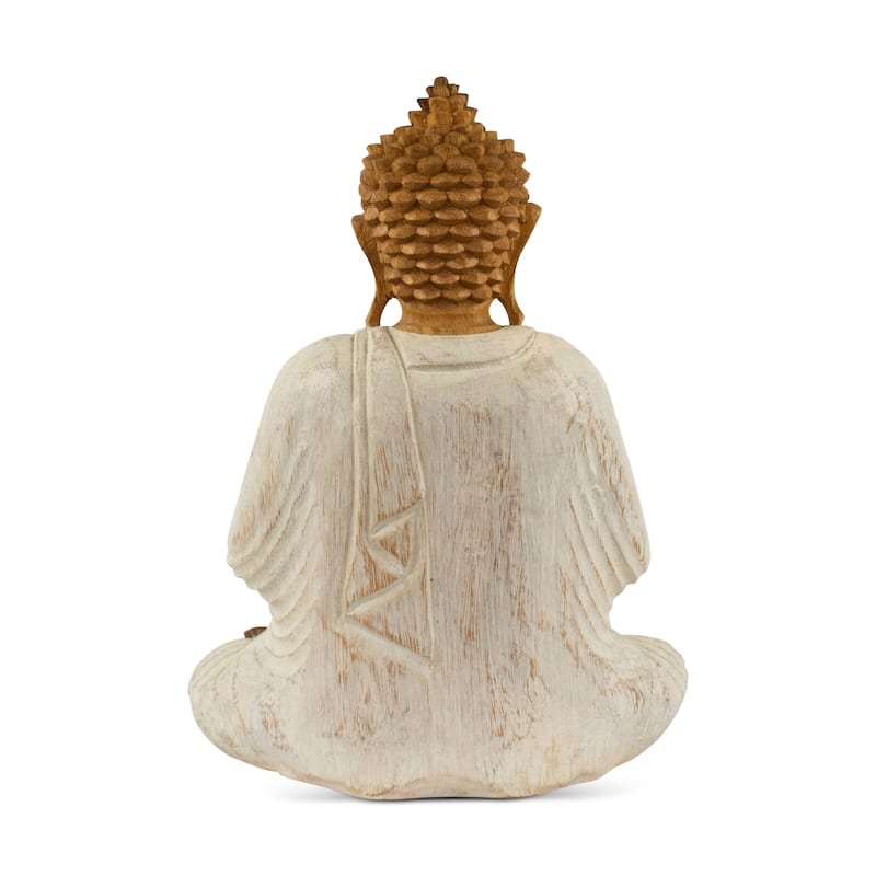 Wood Buddha Statue Hand Carved Whitewashed Vitarka Mudra Sculpture, Zen Home Decor