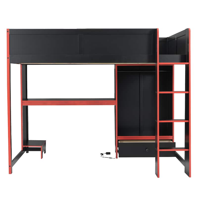 Esports Gaming Bed LED Gaming Loft Bed with Wardrobe, Drawer, Desk with PC Tower Holder Underneath for Gaming Hotel Gaming Room