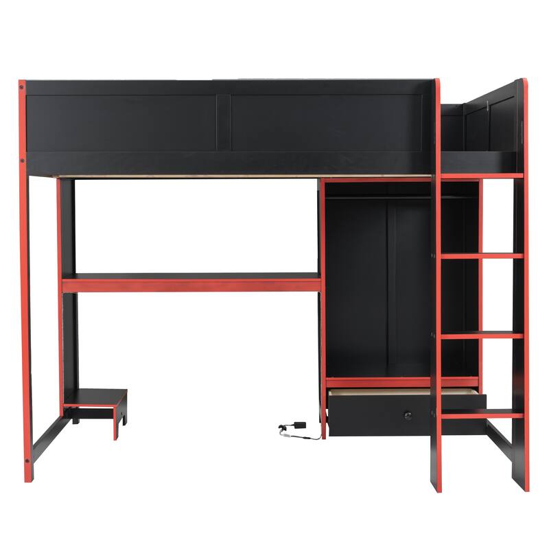 Wood Gaming Loft Bed with Built-In Desk, LED Lights, Wardrobe, and Drawer by Harper&Bright Designs
