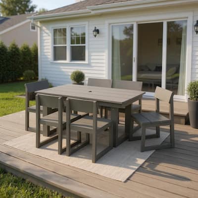 7-Piece HDPE Outdoor Dining Set for 6 - Weather-Resistant Patio Table with Umbrella Hole and 6 Armless Chairs