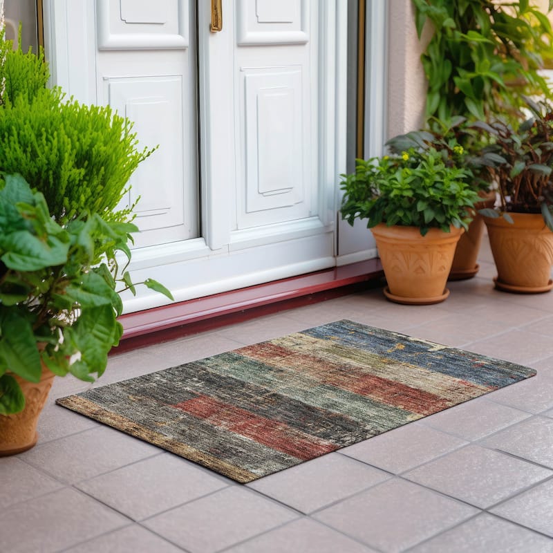 Machine Washable Indoor/ Outdoor Abstract Contemporary Chantille Rug