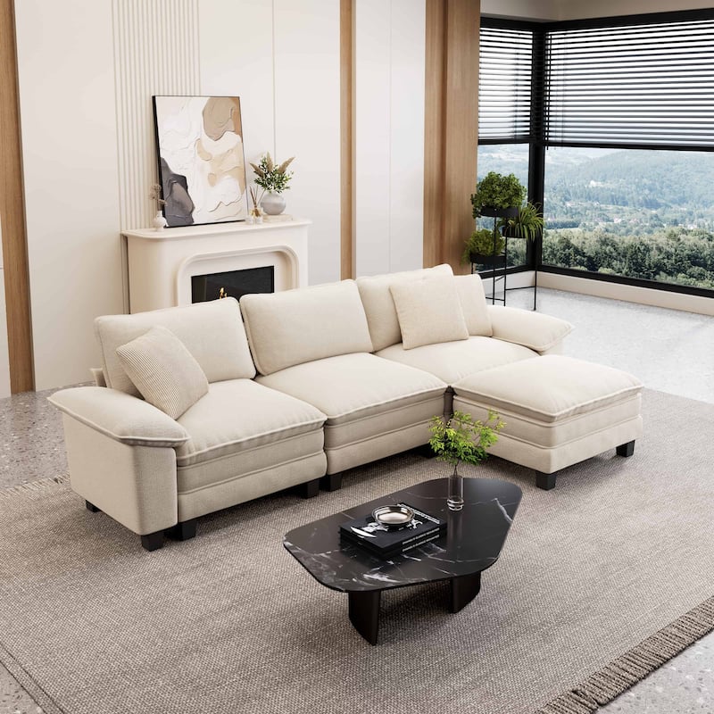 MAISON ARTS Modular Cloud Sectional Sofa, Comfy L- or U-Shaped Couch with Ottomans & Pillows, 4–6 Seat Living Room Sofa - Beige Chenille(4 Pieces) - Reversible
