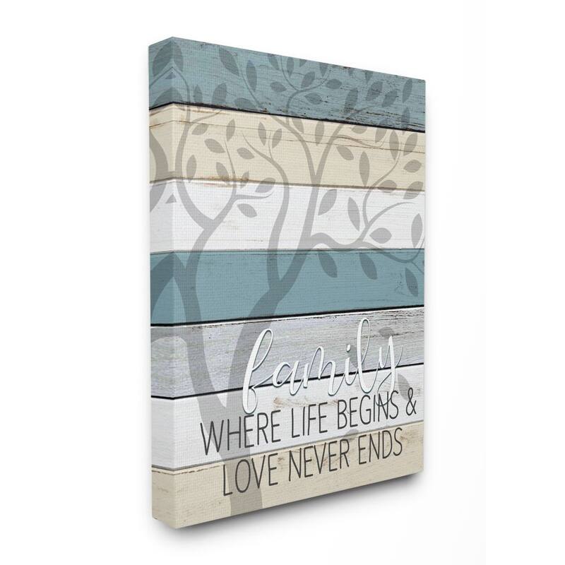 Stupell Family Begin and End Quote Tree Wood Grain Blue Tan Phrase Canvas Wall Art - 36 x 48