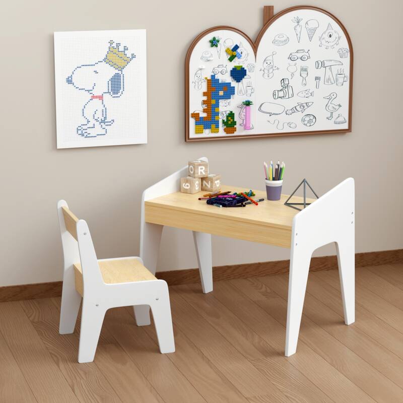 Kids Table Set with One Chair, Wooden Children Study Table, 2-8 Age Kids Funiture
