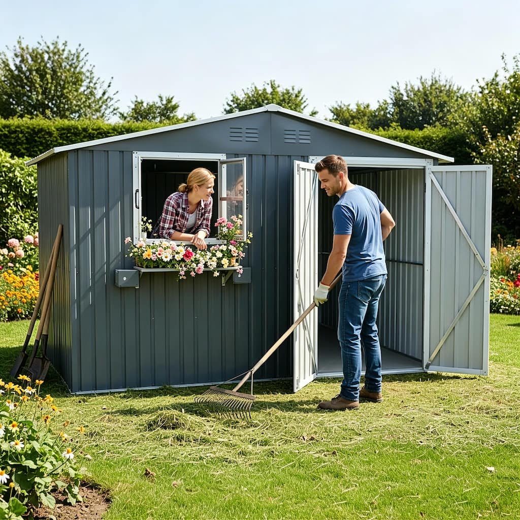 10x8 FT Outdoor Metal Storage Shed with Window & Flower Rack,Lockable Double Doors Tool Shed,Waterproof Weatherproof Garden Shed