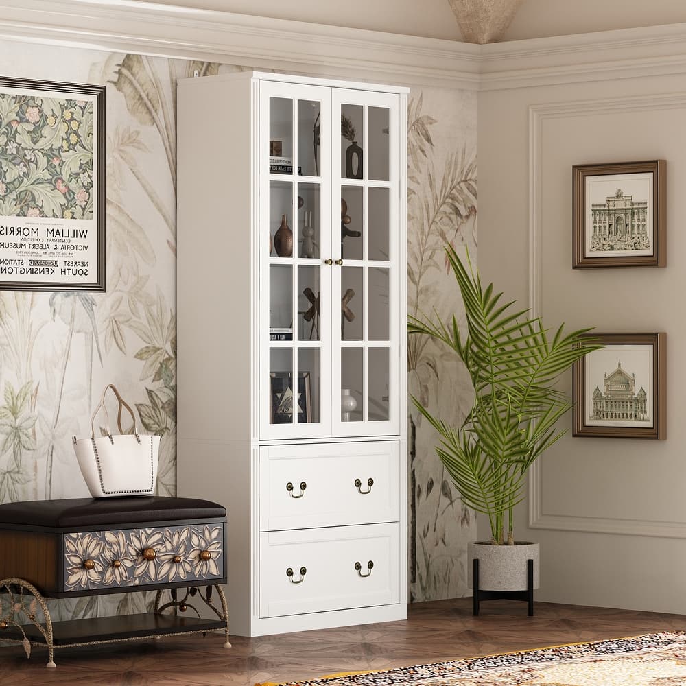 78.7"H Combo Glass Doors Display Cabinet Wooden Bookshelf Organizer