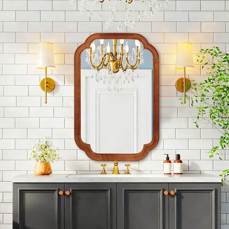 Rounded Corner Solid Wood Frame Decorative Mirror Modern Farmhouse Wall Mirror For Bedroom Bathroom Living Room Entryway - Brown - 24 in. W x 36 in. H