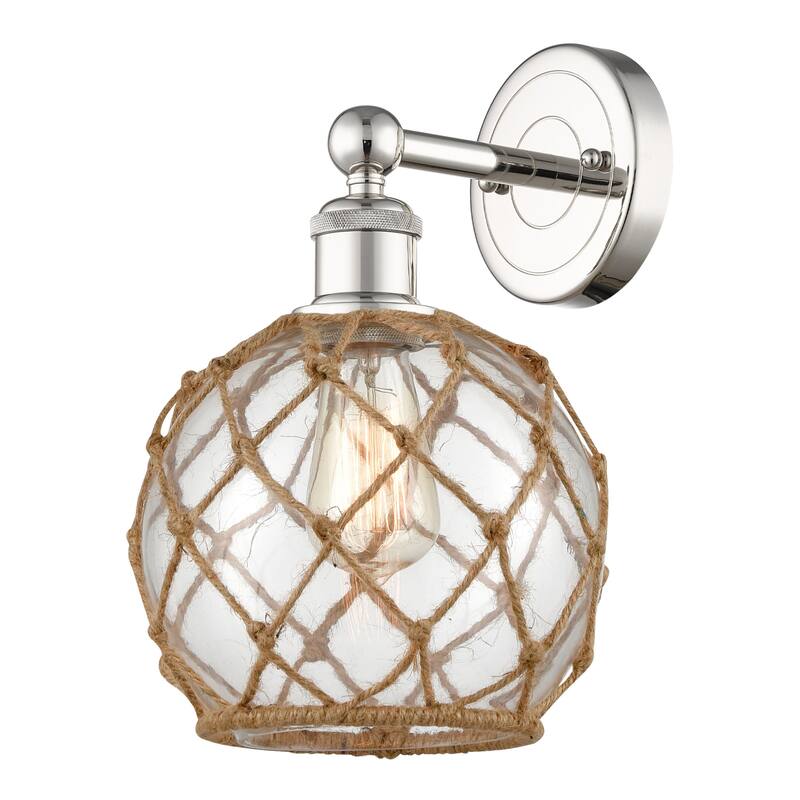 Innovations Lighting 616-1W-13-8 Farmhouse Rope Sconce Farmhouse Rope - Polished Nickel / Clear Glass with Brown Rope