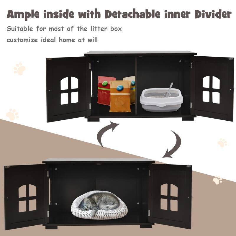 Large Wooden Cat Litter Box Enclosure Hidden Cat Washroom with Divider