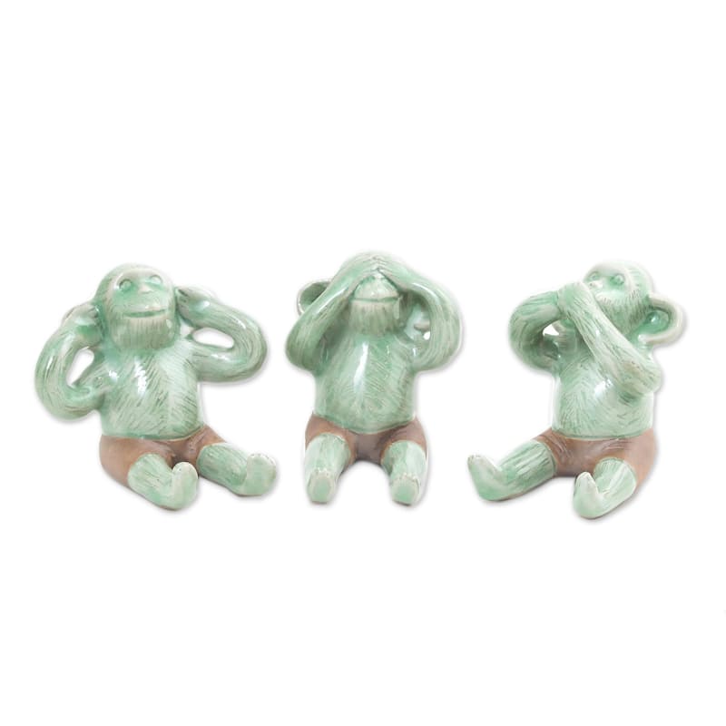 Novica Handmade Green Monkeys Celadon Ceramic Figurines (Set Of 3)