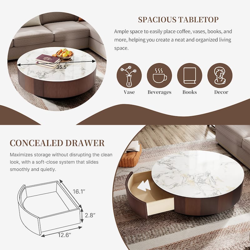 35" Modern Faux Marble Round Coffee Table, White Glossy Sintered Stone Tabletop