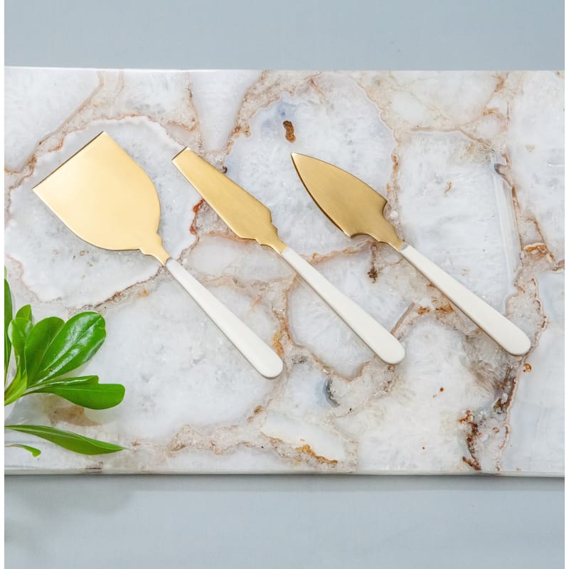3pc Cheese Knife Set Gold w/ White Resin Handles in Giftbox - Gold & White