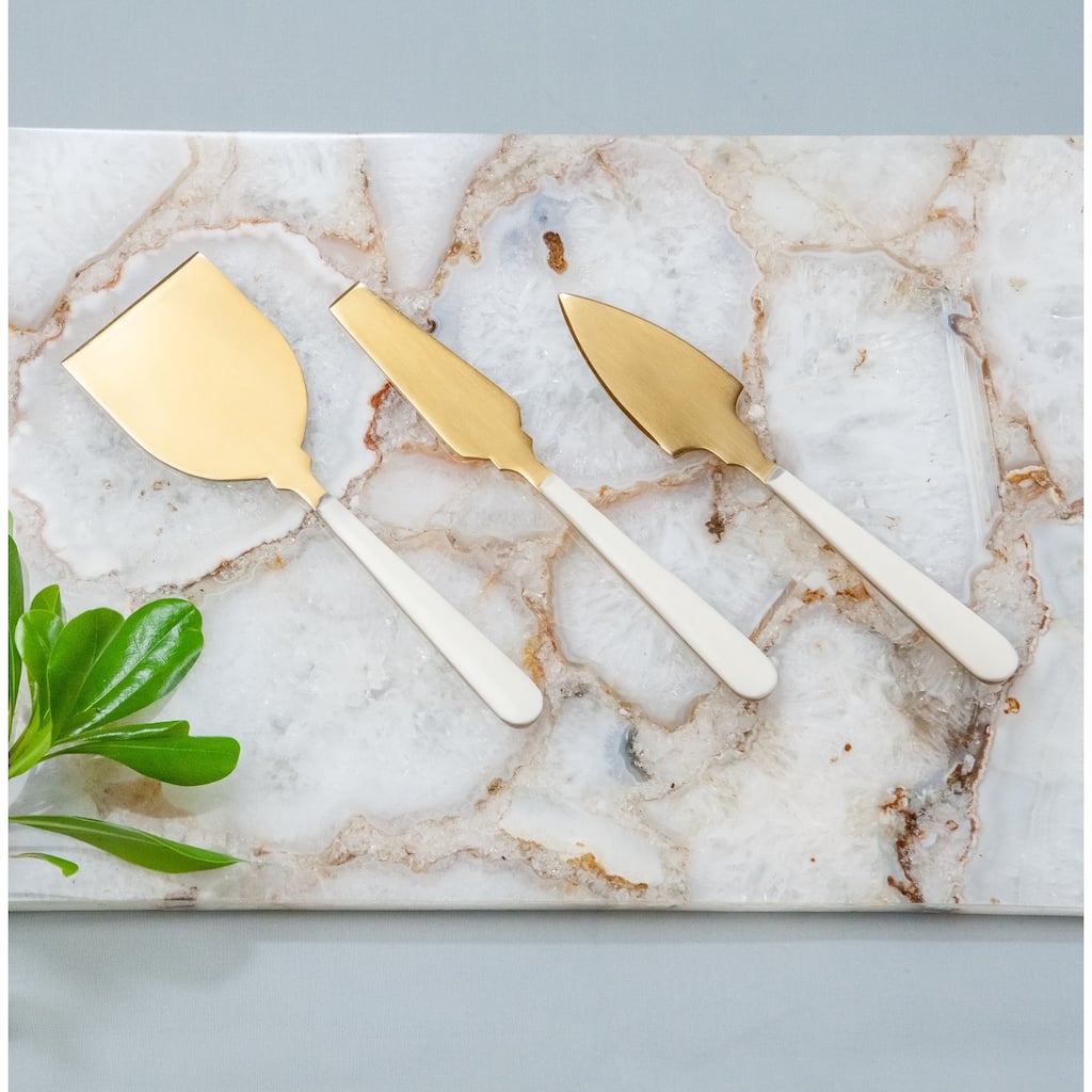 3pc Cheese Knife Set Gold w/ White Resin Handles in Giftbox - Gold & White