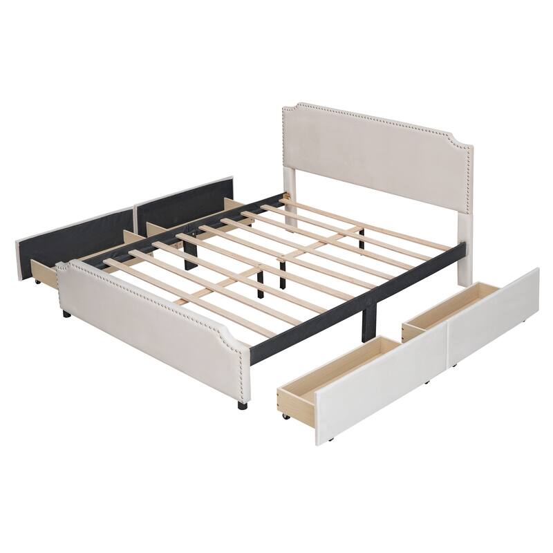 Beige Queen Size Upholstered Platform Bed with Stud Trim Headboard and Footboard and 4 Drawers Velvet Fabric