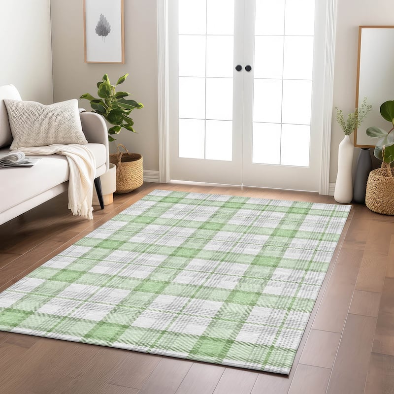 Machine Washable Indoor/ Outdoor Casual Plaid Chantille Rug
