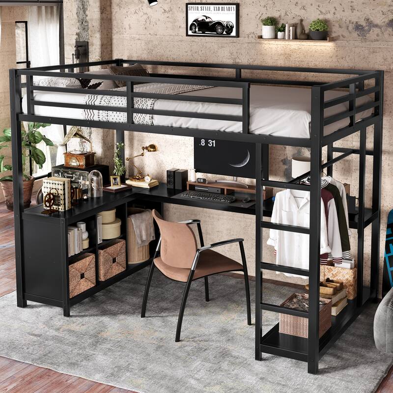 Roomfitters Metal Loft Bed with Wardrobe and L-Shaped Desk, Storage Shelves, Black - Twin XL