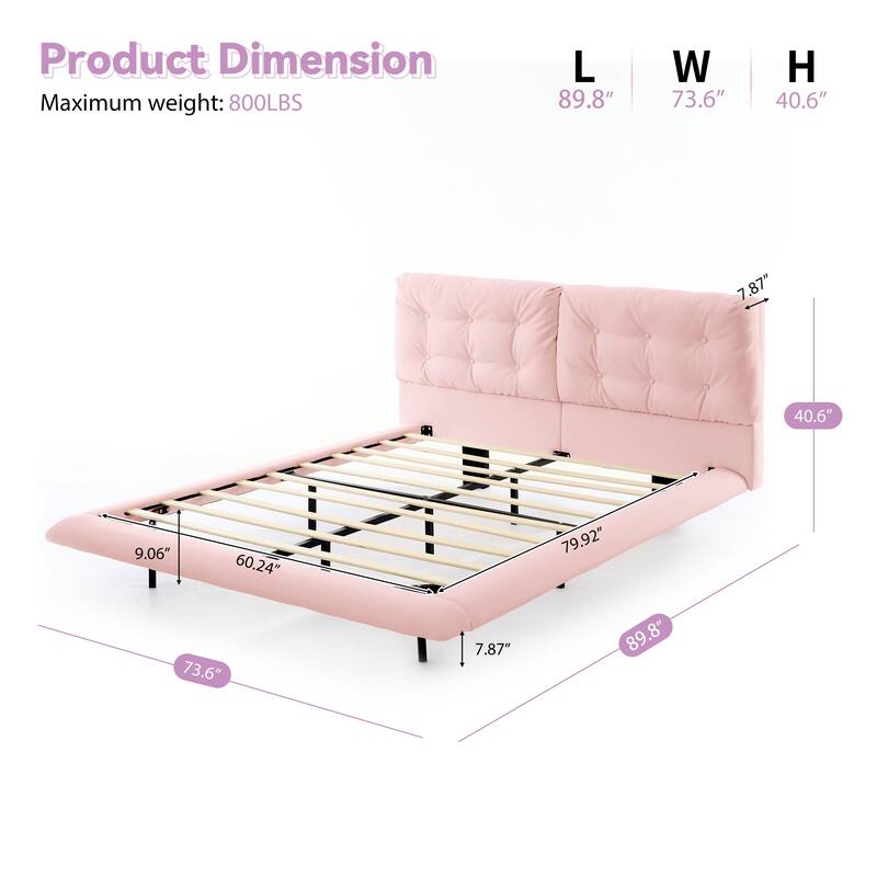 Queen Size LED Upholstered Bed Frame with Floating Design, PU Leather Headboard, Easy Assembly, No Box Spring Needed, Pink