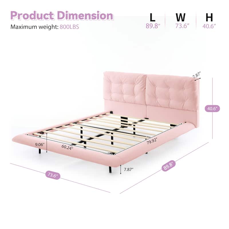 Queen Size Upholstered Floating Bed Frame with LED Lights, PU Leather Platform Bed with Button-tufted Headboard