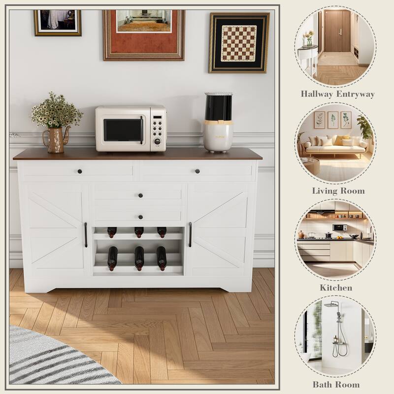 54" Farmhouse Buffet Sideboard with Storage Cabinet & Adjustable Shelf - Wood Top Dining Table with Drawer