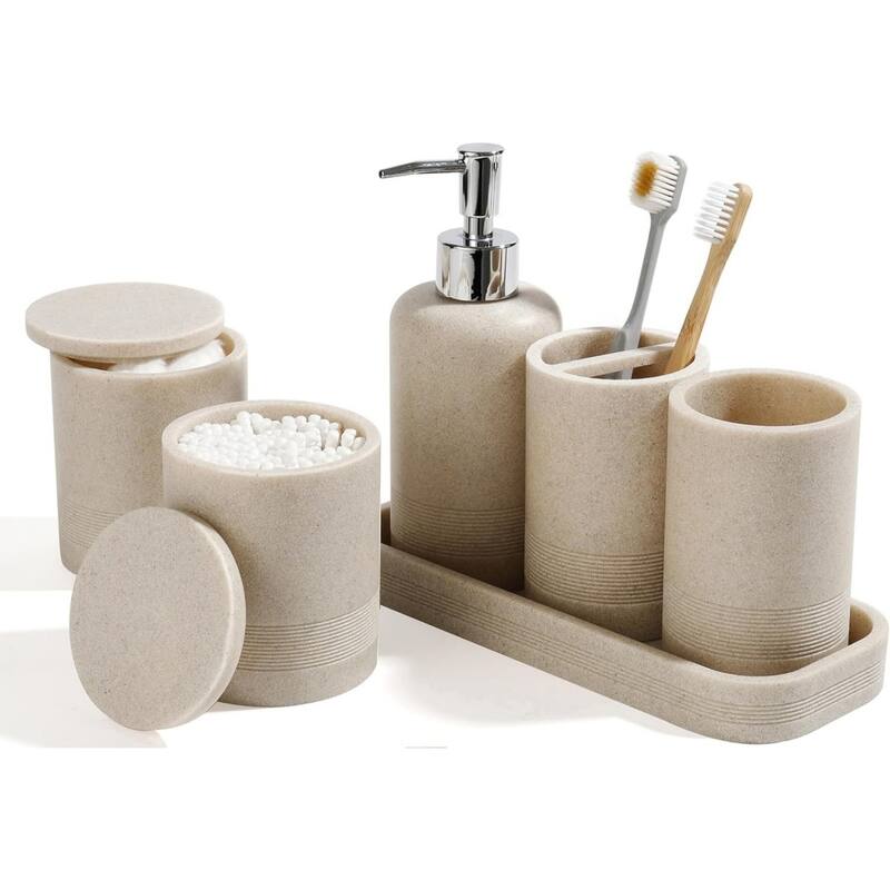 6-piece bathroom toothbrush set, glass cup, cotton swab jar, modern bathroom organizer - White