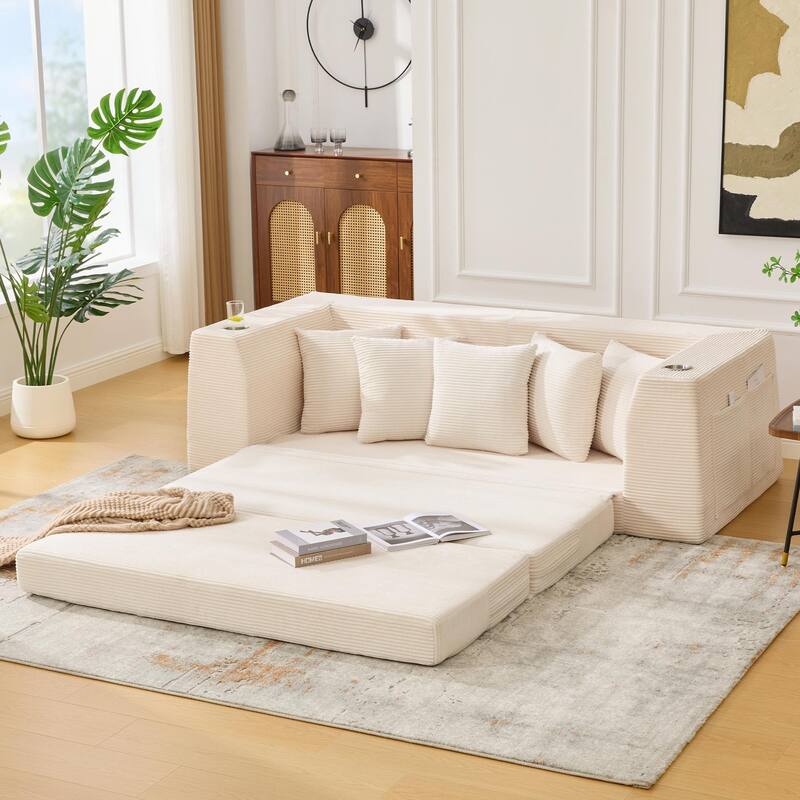 2 in 1 Convertible Sofa Bed, Sleeper Sofa with Storage Pockets, Pull Out Loveseat Couch with Two Cup Holders