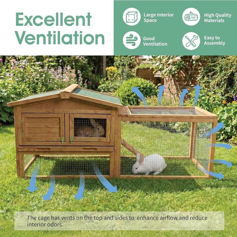60" Outdoor Indoor Large Rabbit Hutch for Rabbits, Chickens, Ducks