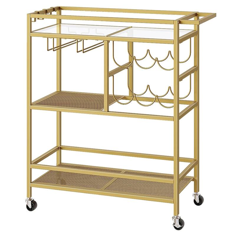 3-Tier Serving Cart with Wheels, Handle, Wine Rack, and Glass Holders