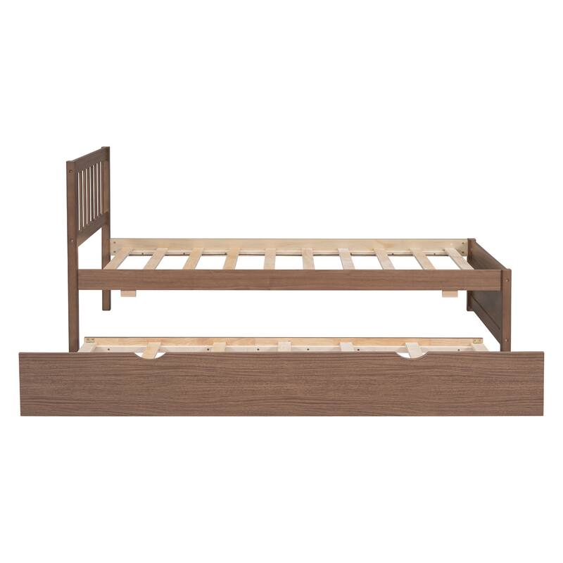 Modern Wooden Twin Size Platform Bed Frame with Trundle Bed, Slats