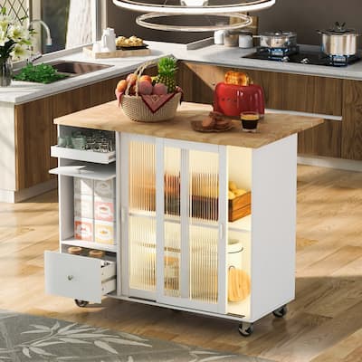LED Light Kitchen Cart with Drop Leaf and Adjustable Shelf