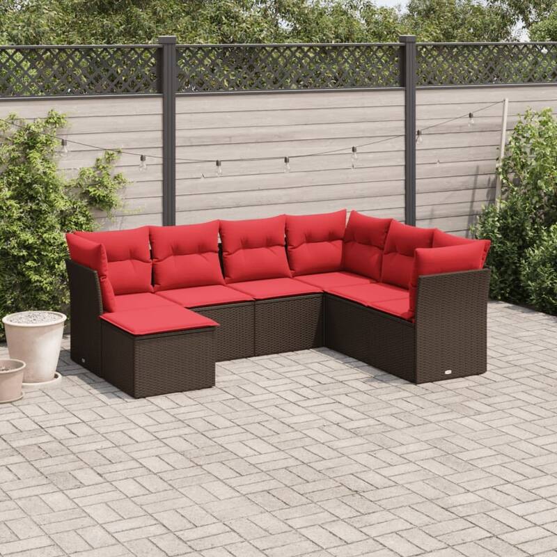 vidaXL 7/8 Piece Patio Sofa Set with Cushions Black/Brown/Gray Poly Rattan - Brown and red Without table