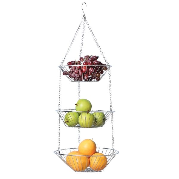 Home District Hanging Fruit Baskets 3 Tiered Adjustable Chrome Wire Produce Storage Bowl Holders Hang From Ceiling Overstock 25447628