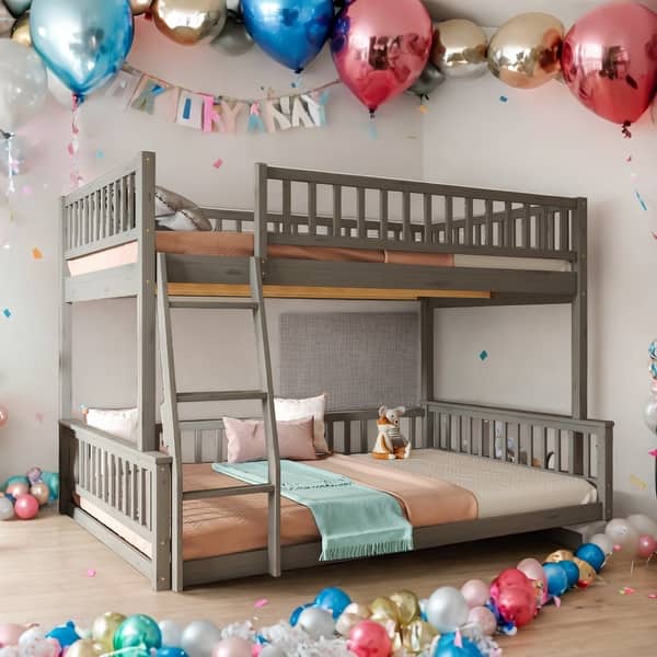 slide 2 of 10, Full XL over Queen Bunk Bed with Ladder and Guardrails,No Box Spring Required, Gray Gray - Full