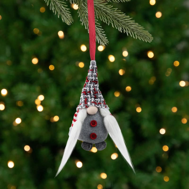 Santa's Helper Gnome with Plaid Hat Christmas Ornament - 6" - Gray and Red
