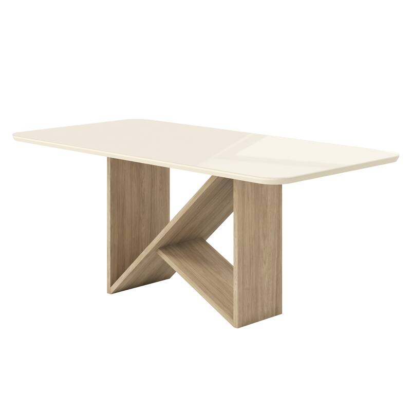 6 Seater Italian-Style Dining Table with Painted Glass Top & Elegant Wooden Base, Natural & Oak