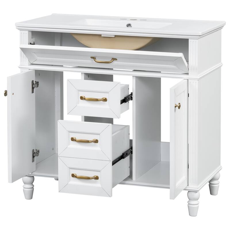 GDF Studio - Sunny Modern Solid Wood + MDF 36-Inch Bathroom Vanity with Ceramic Sink and Flip-Out Drawer