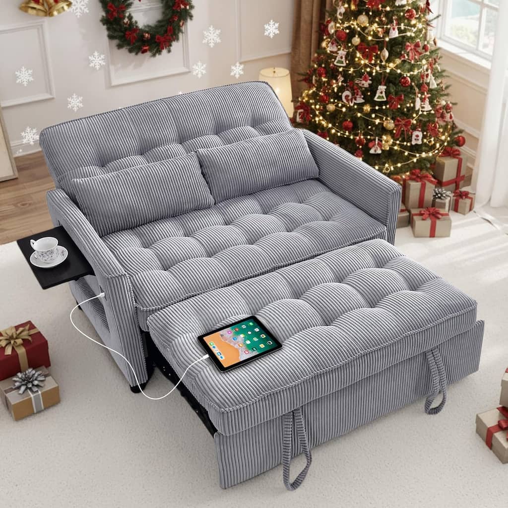 Sleeper Sofa Bed, 52" Convertible Pull Out Couch with Small Table,USB Port,Side Pockets,Corduroy Fabric,Adjustable Backrest