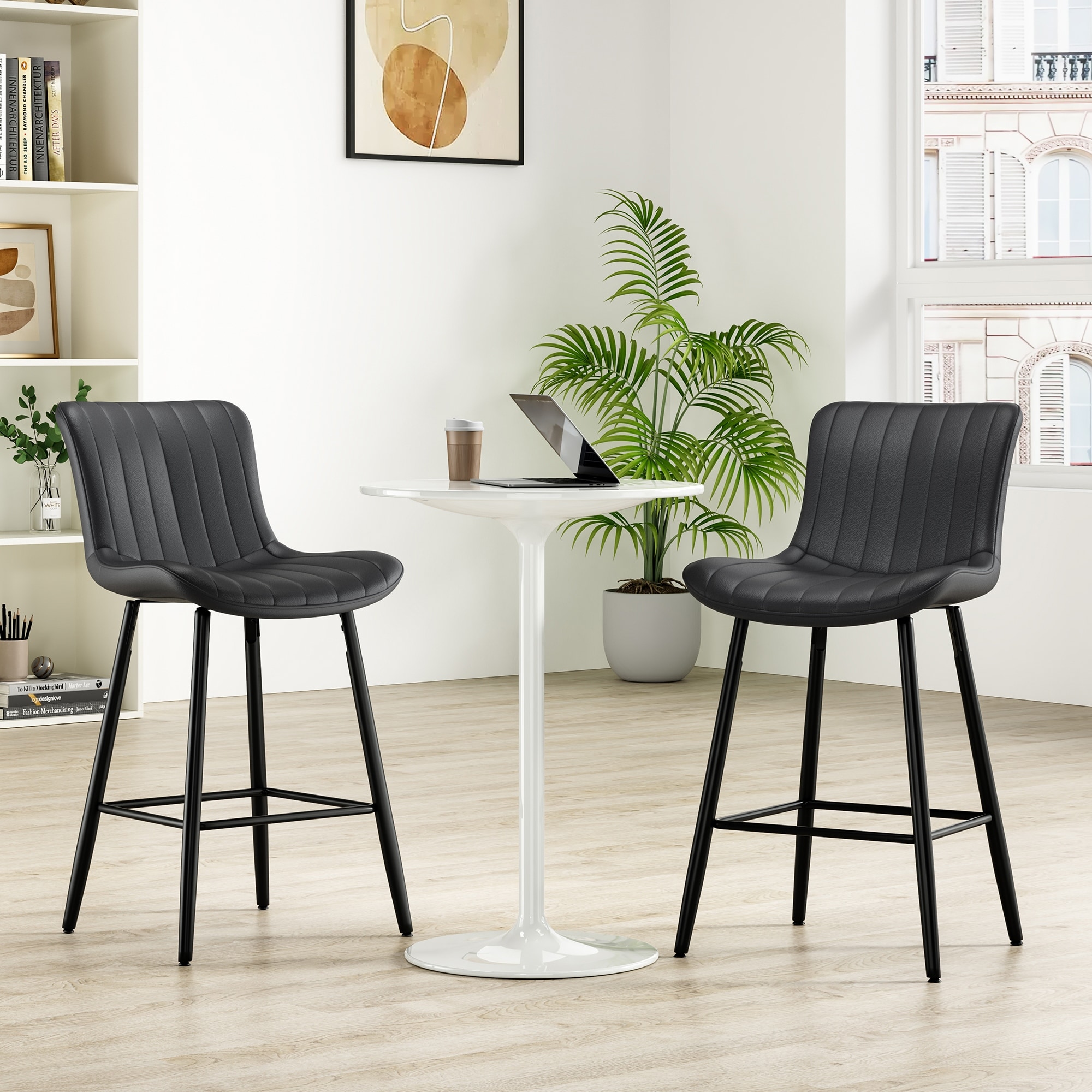Faux PU Leather Counter Stools Set of 2, Modern Counter Height Bar Stools with Adjustable Legs and Footrest