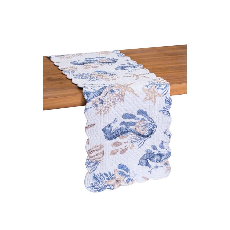 51" x 14" Seahorse Sands Reversible Graphic Print Machine Washable Scallop Quilt Table Runner - Blue