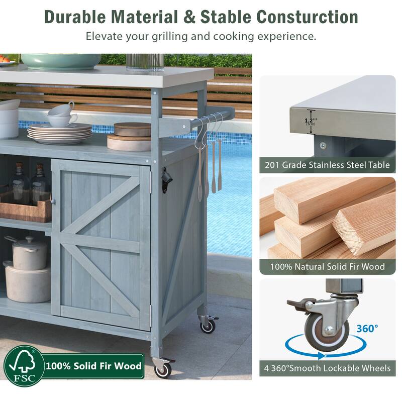 Kitchen Island, Rolling Bar Cart & Storage Cabinet, Farmhouse Solid Wood Outdoor Grill Table