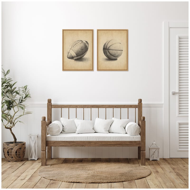 Kate and Laurel Vintage Football & Basketball 2 Piece Framed Canvas Wall Art Set by The Creative Bunch Studio