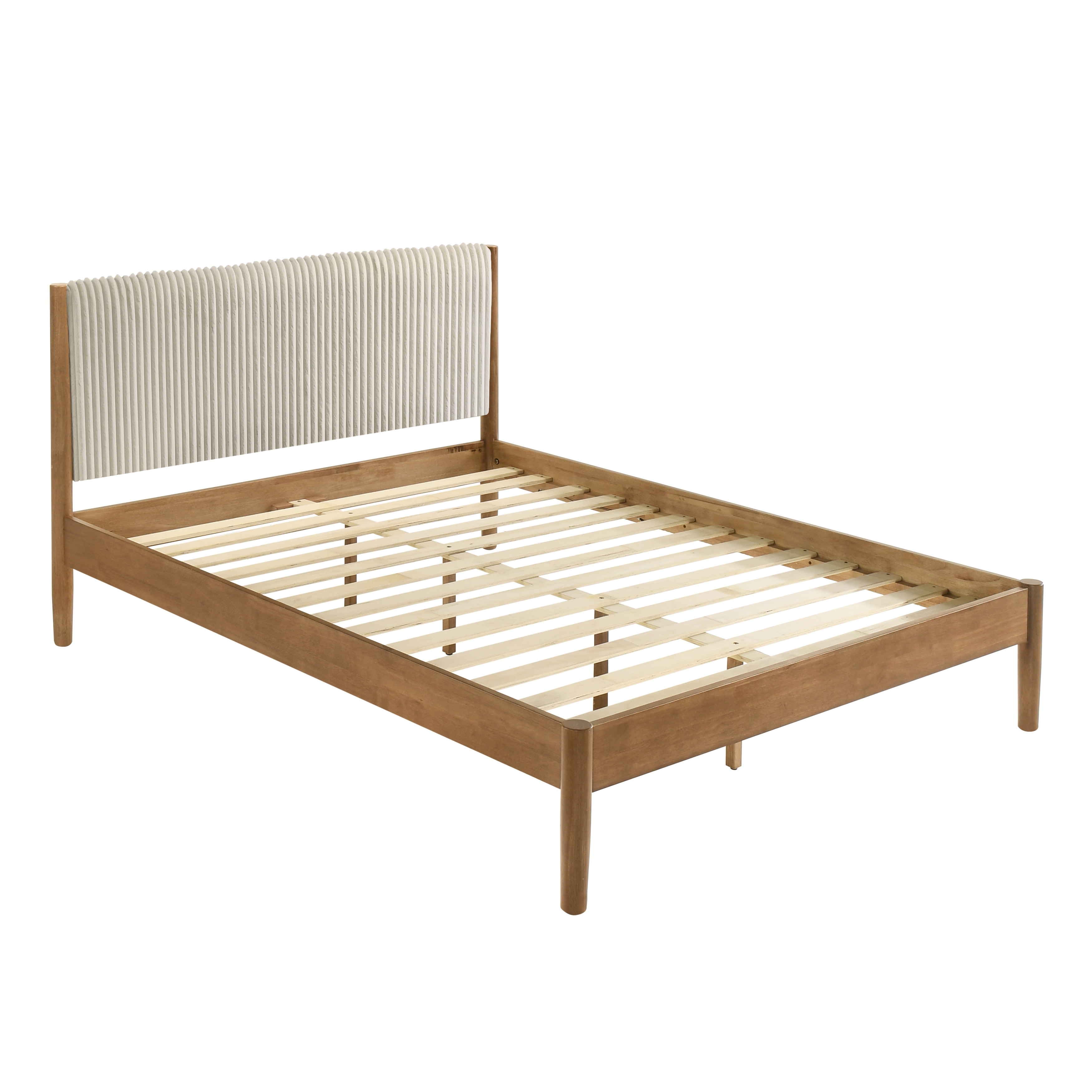 Classic Queen Size Bed Frames with Corduroy Headboard, Solid Rubberwood Platform Bed, No Box Spring Needed