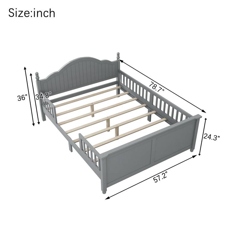 Roomfitters Twin/Full Platform Bed, Slatted Headboard and Removable Guardrails with Wooden Frame for Bedrooms or Guest Rooms